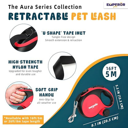 16 ft Retractable Dog Leash Red - Heavy Duty Retractable Pet Leash with Anti-Slip Grip for Medium to Large Dogs up to 110 lbs -Aura BR16 - color: Red, size: 16 ft