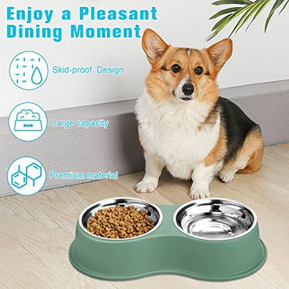 Epetslove Dog Bowls Double Dog Water and Food Bowls Stainless Steel Bowls with Non-Slip Resin Station, Pet Feeder Bowls for Puppy Medium Dogs Cats - color: 6.Green, size: Medium-18oz