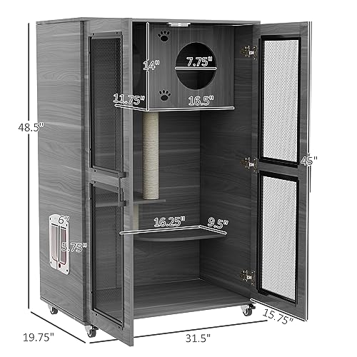PawHut Luxury Cat House with Wheels, Kitty Cage Catio Villa for Indoor Cats with Scratching Posts, Condo, Flap Door, Cushion, Gray, 31.5" x 20" x 48.5"