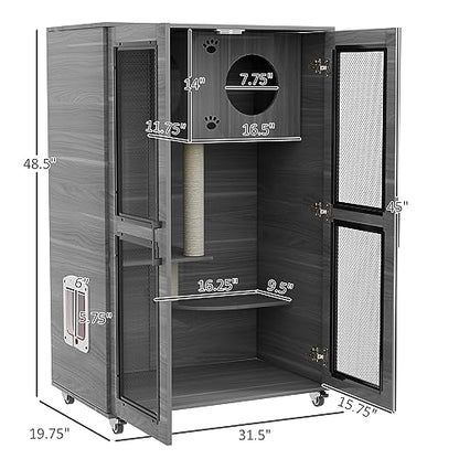 PawHut Luxury Cat House with Wheels, Kitty Cage Catio Villa for Indoor Cats with Scratching Posts, Condo, Flap Door, Cushion, Gray, 31.5" x 20" x 48.5"