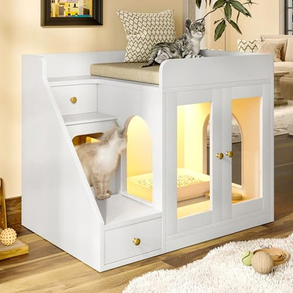 Merax Cat Litter Box Enclosure Furniture with Light,Hideaway Litter Box Furniture with 2 Storage Drawers for Living Room,White - color: White