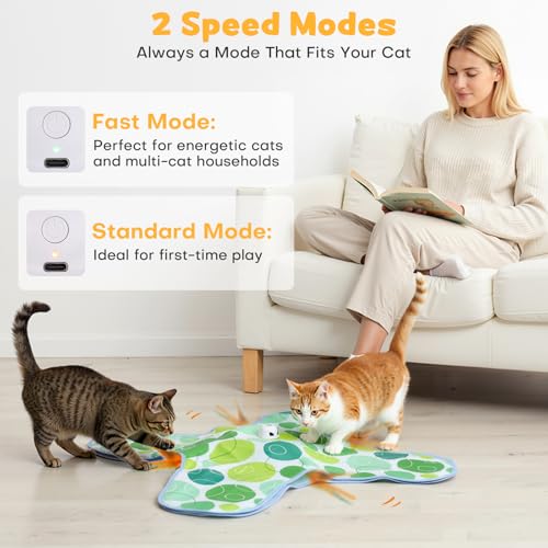 Interactive Cat Toys for Indoor Cats, Hide and Seek Cat Toy, 2 in 1 Automatic Moving Concealed Feathers Cat Toy Mat, Non-Slip Suction, Touch Activated, USB Rechargeable, Green - color: Green