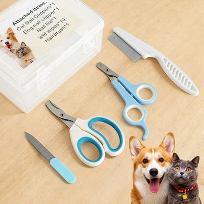 Pet Nail Clippers Kit for Cats and Dogs, Professional Grooming Set with Cat and Dog Nail Clippers, Nail File, Hairbrush, 10 Wet Wipes, Storage Case