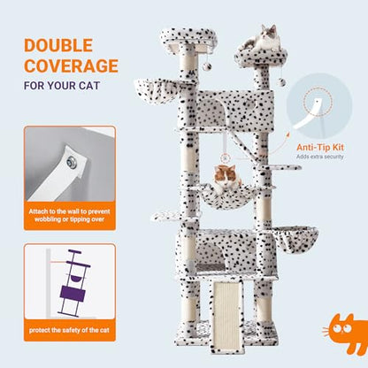 Allewie 81 Inches Tall Cat Tree/Multi-Level Large Climbing Tree House and Towers for Big Feline/Condo and Hammock/Scratching Post/Wide Base/White & Black Spot - color: White & Black Spo