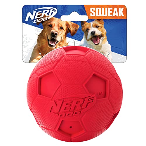 Nerf Dog Soccer Ball Dog Toy with Interactive Squeaker, Lightweight, Durable and Water Resistant, 4 Inches, for Medium/Large Breeds, Single Unit, Red - color: Red, size: 4-inches