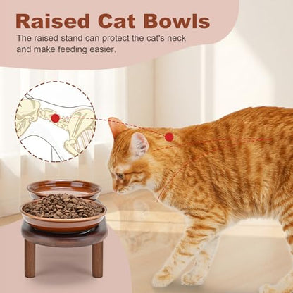 SPUNKYJUNKY Shallow Elevated Cat Bowl with Acacia Wood Stand Wide Raised Ceramic Cat Dishes Whisker Friendly Pet Food and Water Plates (Striped Pattern, Brown) - color: Brown