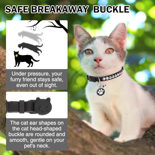 Leather Personalized Breakaway Cat Collar with Studded Bell and Safety Quick Release Buckle - Rivets Studded ID DIY Collars for Boy Girl Cats Kittens, 9" - 11.5" Black - color: Black, size: 9"-11.5"