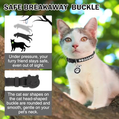 Leather Personalized Breakaway Cat Collar with Studded Bell and Safety Quick Release Buckle - Rivets Studded ID DIY Collars for Boy Girl Cats Kittens, Black XS - color: Black, size: 7"-9"