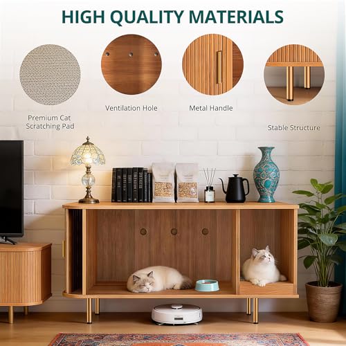 DHH Cat Litter Box Enclosure with Scratch Pad, Sliding Door, 38.5" Cat Litter Furniture Hidden Litter Box Cabinet, Modern Indoor Cat House, TV Stand, Side End Table for Living Room(Yellow Walnut) - color: Yellow oak