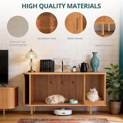 DHH Cat Litter Box Enclosure with Scratch Pad, Sliding Door, 38.5" Cat Litter Furniture Hidden Litter Box Cabinet, Modern Indoor Cat House, TV Stand, Side End Table for Living Room(Yellow Walnut) - color: Yellow oak