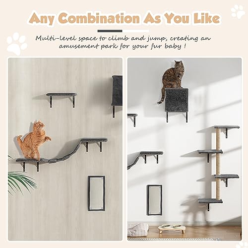 5 Pcs Wooden Indoor Cat Climber - Wall-Mounted Shelves, Perches, Scratching Board, Cat Ladder & Cat Tree - Grey - color: Grey