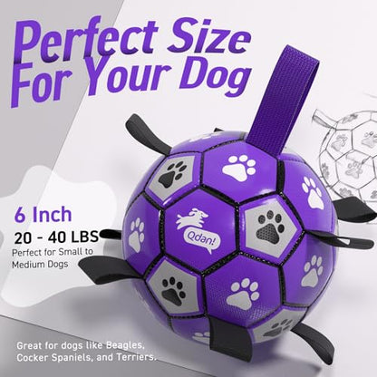 QDAN Dog Toys Soccer Ball with Straps - Dog Water Toy, Puppy Birthday Gifts, Durable Dog Balls for Small Medium Dogs （6 Inch） - color: Purple White, size: 6 Inch