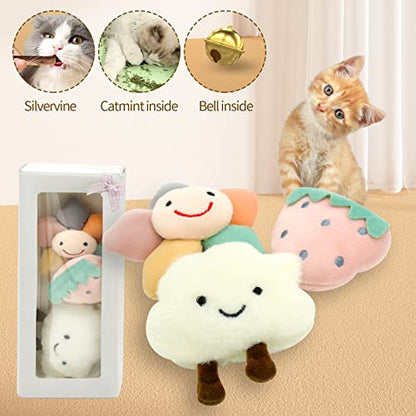 Kitten Chew Toys for Teething with Catnip – 3Pcs Bite Resistant Plush Cat Toys (Strawberry, Cloud Bell, Sunflower Stick) - style: Kitten Chew Toys