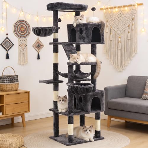 74" Cat Tree Tower with Scratching Posts, Condos, Perch, Hammocks & Toys, Cat Tree for Indoor Cats Large Adult, Ideal for Multi-Cat Households, Dark Gray - color: Dark Gray