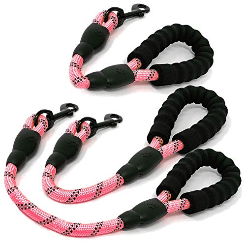 Cymiler Nylon Short Traffic Leash with Padded Handle, 3 Sizes - Dog Training Leash with Highly Reflective Threads for Small, Medium, Large Dogs (Rope-Pink) - color: Rope-Pink-1