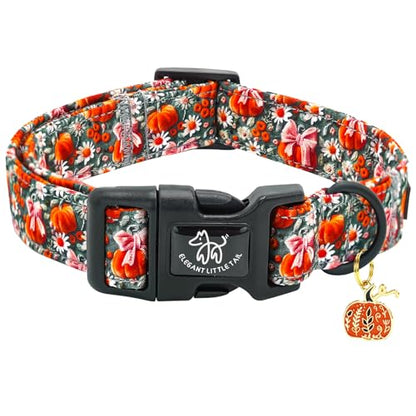 Elegant little tail Halloween Dog Collar, Pumpkin with Flower Print Fall Pet Collars Cotton Soft Sturdy Puppy Collars Holiday Female Adjustable Collar for X-Small Puppy - color: Fall-3D Pumpkin, size: X-Small (Pack of 1)