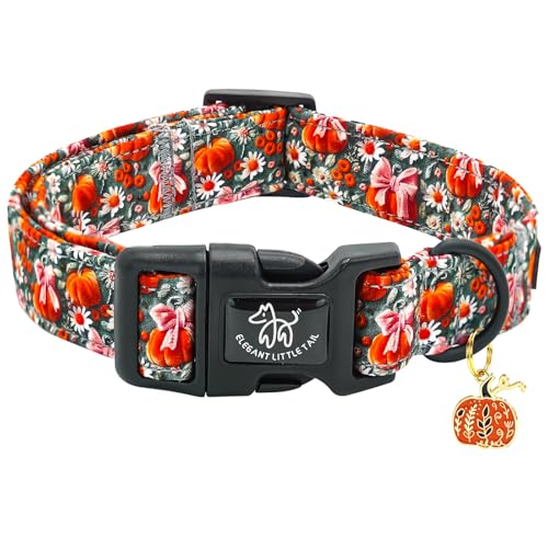 Elegant little tail Halloween Dog Collar, Pumpkin with Flower Print Fall Pet Collars Cotton Soft Sturdy Puppy Collars Holiday Female Adjustable Collar for X-Small Puppy - color: Fall-3D Pumpkin, size: X-Small (Pack of 1)