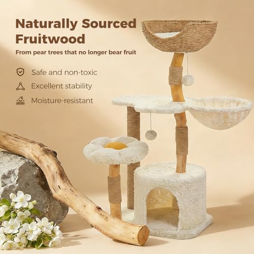 PETEPELA Modern Cat Tree Tower for Indoor Large Cats w/Removable Flower Perch, Real Solid Wood Cat Scratching Posts, Boho Ratten Cat Furniture w/Cozy Condo & Wicker Basket Bed, White - color: Cloud White