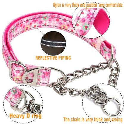 Reflective Martingale Dog Collar with Soft Padded,Adjustable Heavy Duty Choke Steel Chain Big Dog Training, Walking, Hunting Collar for All Breeds (Pink Flowers M) - color: 2, size: M(Neck12"-17")