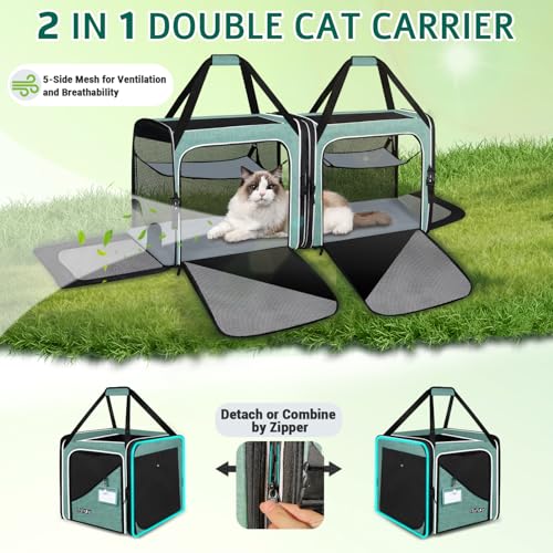 Petskd 2 in 1 Double Cat Car Travel Carrier with Litter Box, 38"x17"x18" Dual Extra Large Cat Carrier for Several Cats, Portable Cat Carrier with Zipper Locks for Longer Road Trips (Green)