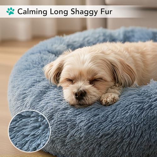 PetAmi Calming Dog Bed for Small & Medium Dogs and Cats, 23 Round Donut Dog Bed, Washable Fluffy Faux Fur Puppy & Cat Bed, Anti-Anxiety Plush Cuddler Pet Bed with Anti-Slip Bottom - Blue - color: Dusty Blue, size: Small - 23"