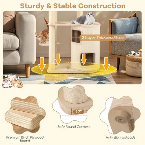 Tangkula Cat Tree Tower, 60 Inch Multi-Level Modern Wooden Cat Tower with 2-Story Condo, Sisal Scratching Posts & Mat, Perch, Hammock, Washable Plush Cushion for Indoor Cats Large Adult - size: 60 Inch