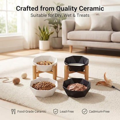Ceramic Tilted Raised Cat Bowl - Elevated Food Bowl for Indoor Cats & Small Dogs - Shallow Wide Whisker-Friendly Design - Pet Dish Suitable for Feeding Dry, Wet, Treats & Canned Food - White - color: White with stand