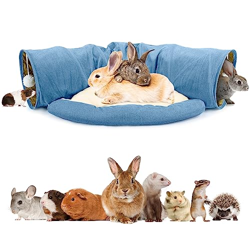 BWOGUE Bunny Tunnel Bed, 2-in-1 Collapsible Tunnel Tubes Toys with Removable Mat Hideout for Cats Kittens Rabbits Guinea Pigs Kitty - color: Blue