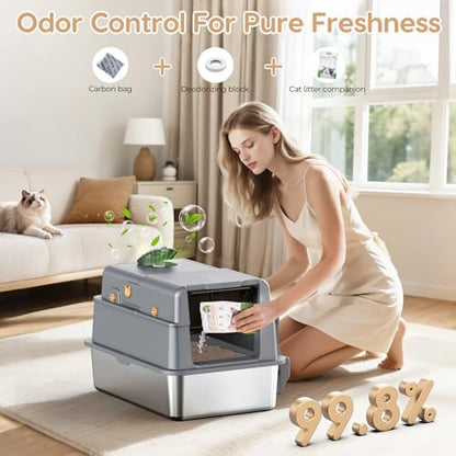 L7 Pro-Stainless Steel Litter Box with Lid, XXL Extra Large Enclosed Metal Cat Box for Kitty&Big Cats, Odor Control - Cat Litter Deodorizer, High Sided Enclosure with Scoop & Mat, Anti-Leakage-Grey - color: Grey