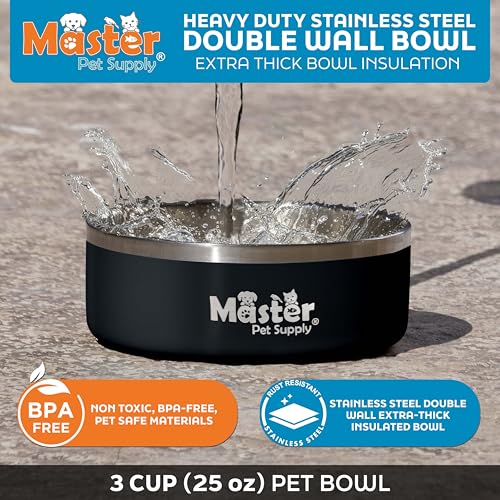 Master Pet Supply Stainless Steel Dog Bowls - 25 oz, Heavy Duty - Black Velvet, Double Wall Extra-Thick Insulated, Non-Slip Pet Water Bowl for Dogs, Cats & Pets, Anti Rust Metal, Dish Washer Safe - color: Black Velvet, size: 3 Cups (25 oz)
