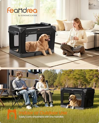Feandrea Collapsible Dog Crate, Portable Oxford Fabric Pet Travel Crate with 4 Mesh Doors, Handles, Pocket, 36 Inches, for Large Dogs, Ink Black and Dove Gray UPDC029BH01 - size: XL (36"L x 25"W x 25"H)
