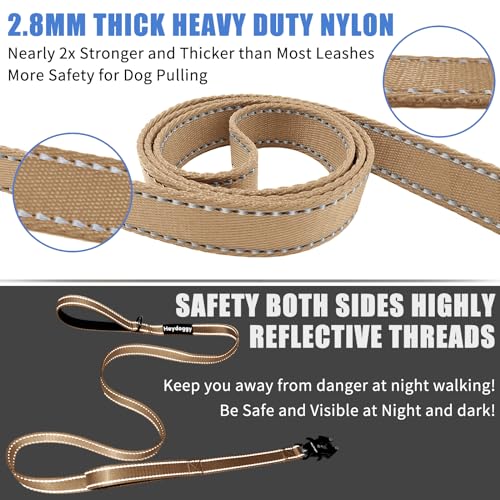 Strong Heavy Duty Dog Leash - 5ft Reflective Nylon Training Leash with Soft Padded Double Handle & Auto Lock Frog Clip - Safety Traffic Control for Large Medium Small Dogs No Pull Walk Khaki,5ft - color: Khaki, size: 5FT x 1" x 2.8MM