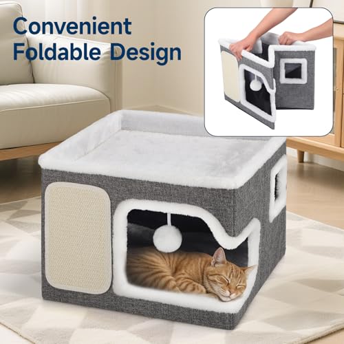 Cat Beds for Indoor Cats, Large Cat Cave with Cozy Hideout, Scratch Pad, Fluffy Ball Hanging, Foldable Cat Hideaway Hold Up to 30LBS, Indoor Cat House with Reversible Soft Cushions for All Seasons - size: Single