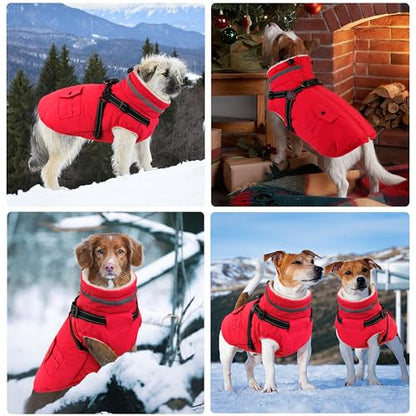 Dog Coat with Harness, Waterproof Warm Dog Winter Jacket with Pockets, Reflective Pet Fleece Jacket Turtleneck Snowsuit for Small Medium Large Dogs - Red, L - color: Red, size: Large(Chest:24.8" Back:16.9" Neck:17.7")