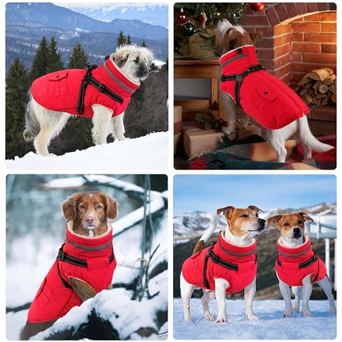 Dog Coat with Harness, Waterproof Warm Dog Winter Jacket with Pockets, Reflective Pet Fleece Jacket Turtleneck Snowsuit for Small Medium Large Dogs - Red, 3XL - color: Red, size: XXX-Large(Chest:42.9" Back:26.8" Neck:26.8")