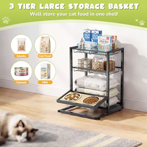 Cat Feeding Station with Elevated Cat Bowl Stand, 3-Tier Cat Food Organizer & Storage, Pet Feeding Station with Cat Table, Cat Food Stand for Large Medium Cats, 3 Height Adjustable, Black
