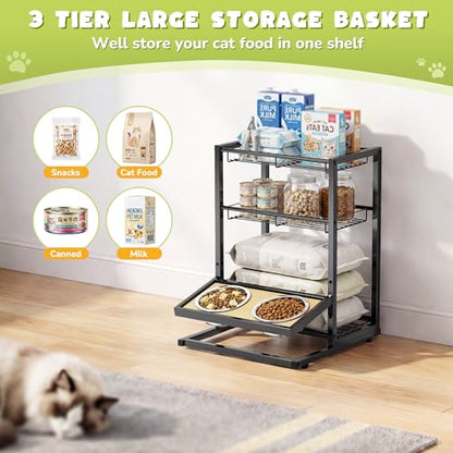 Cat Feeding Station with Elevated Cat Bowl Stand, 3-Tier Cat Food Organizer & Storage, Pet Feeding Station with Cat Table, Cat Food Stand for Large Medium Cats, 3 Height Adjustable, Black