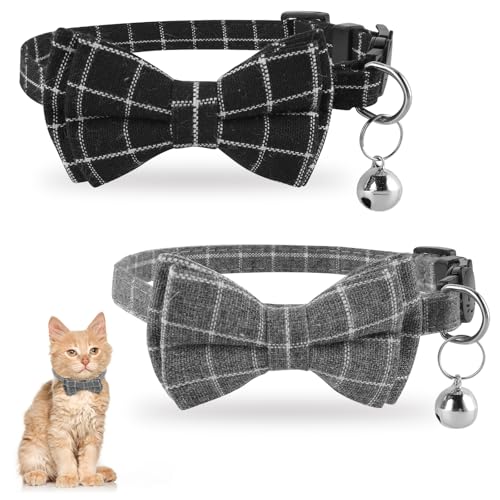 Jeffdad 2Pcs Cat Collar Breakaway, Cat Collar with Bells Bowtie Plaid Cat Collar Adjustable for Kitten Puppy and Small Pets (Black and Gray Plaid) - color: Black and gray plaid