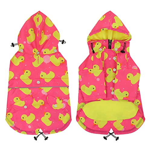 HDE Dog Raincoat Poncho Double Layer Zip Rain Jacket with Removable Hood, Leash Hole for Small to 3XL Dogs and Puppies Ducks Pink - M - color: Ducks Pink, size: Medium