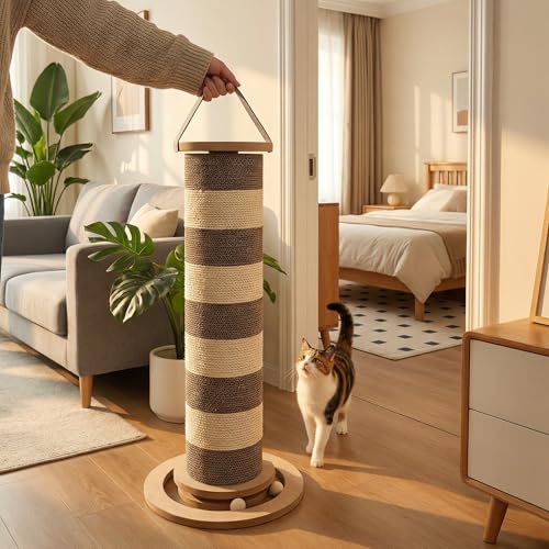 24” Cat Scratching Post, Stable Vertical Cat Scratcher for Indoor Cats, Durable Cardboard Design with Replaceable Blocks, Space-Saving Scratching Post