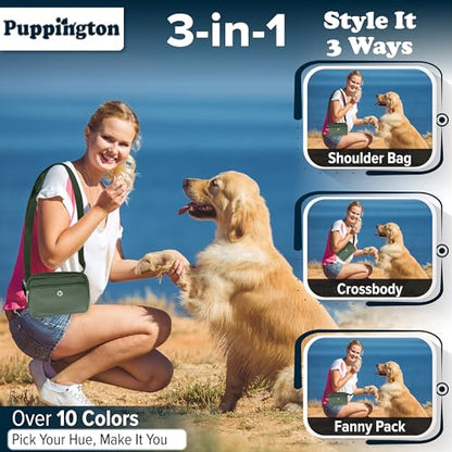 Puppington 3-in-1 Crossbody Dog Treat Pouch for Pet Training - Compostable Poop Bags, Built-In Poop Bag Dispenser, Slow-Feeding Travel Dog Bowl & Reflective Leash - Dog Walking Bag (Basil Green) - color: Basil Green