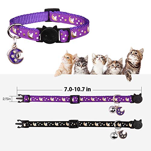 2Pcs Breakaway Cats Collars Cat Collars for Boy & Girl Cats Moons Adjustable Kitten Collars with Bell & Pendant Glow in The Dark,Purple+Black - color: Purple+Black, size: 7.0-10.7''