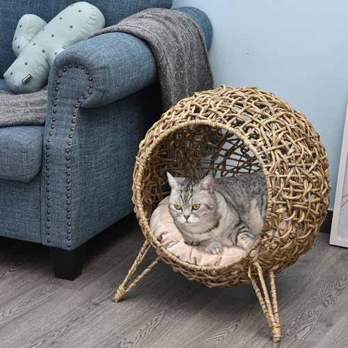 PawHut 20.5" Weaved Cat Bed, Elevated Hand-Woven Braided Banana Leaf Kitten House Condo with Cushion, Beige - color: Beige