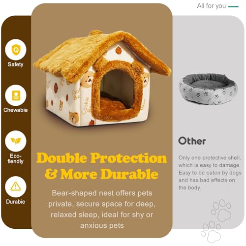 Warm Bear Cave Cat Bed, Enclosed Plush House with Removable Washable Cushion (Multiple Sizes), Cozy Indoor Pet Shelter for Cats, Kittens, Dog & Animals (S) - size: S