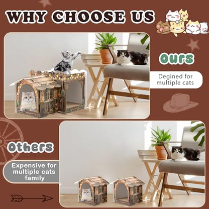 Lineshading 2 Story Cardboard Cat House with Scratcher Pad, Multi Level Durable Cat Scratcher House for Small Kitten Bunny Rabbit Animals Christmas Birthday Gift(17x12x10,Western) - style: Western