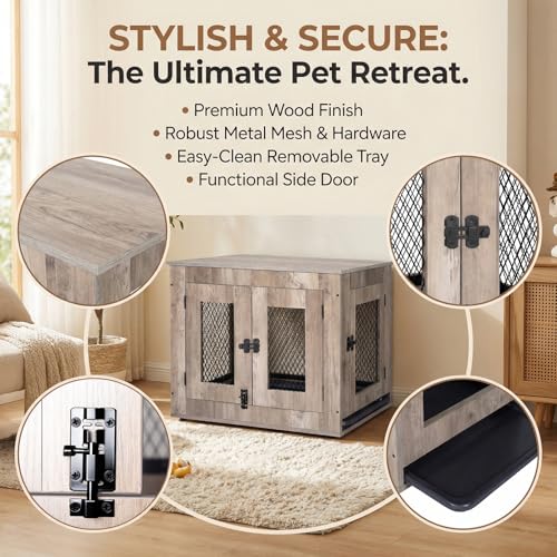 Agitree Wooden Dog Crate Furniture - Wire Mesh Door Decorative Dog Kennel End Table for Puppies, Cats, Rabbits - Indoor Use for Living Room, Bedroom(Gray) 25.59×18.58×21.61 inches
