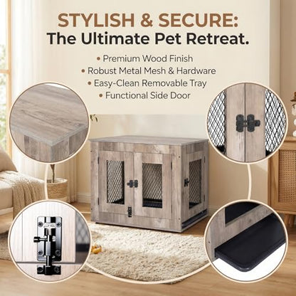Agitree Wooden Dog Crate Furniture - Wire Mesh Door Decorative Dog Kennel End Table for Puppies, Cats, Rabbits - Indoor Use for Living Room, Bedroom(Gray) 25.59×18.58×21.61 inches
