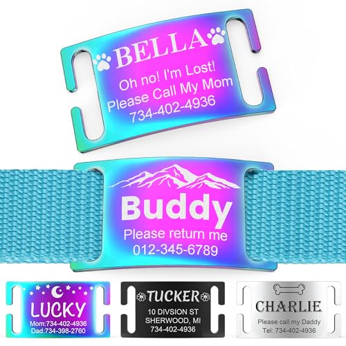 Dog Tags Personalized for Pets - No Noise Slide On Stainless Steel Pet ID Tag for Dogs Cats Collar- Engraved Name Plate with Laser - Optional Icon Art Design (Rainbow) - color: Rainbow