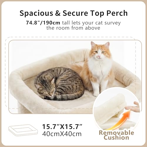 Heybly Cat Tree, 74.8-Inch Spacious & Tall Cat Tower for Large Cats, Cat Furniture with Large Top Perch, Solid Base, 2 Cat Condos, Hanging Hammock, Durable Sisal Scratching Posts, Beige HCT062M - color: Beige