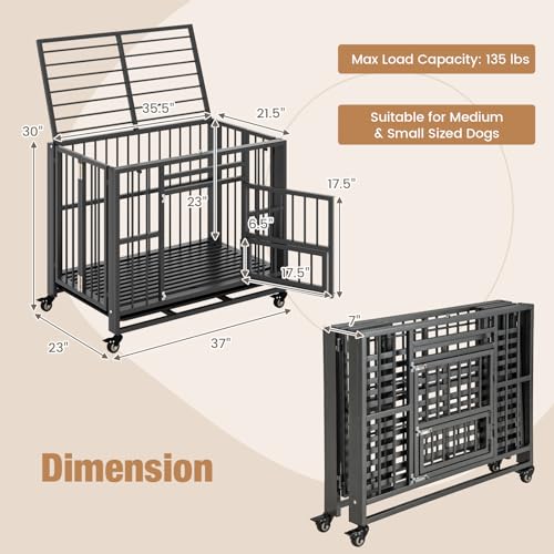 PETSITE 37 Inches Foldable Metal Dog Crate, Heavy Duty Dog Cage with 3 Lockable Doors, Removable Tray, 4 Lockable Universal Wheels, Indoor or Outdoor Dog Kennel for Small Medium Sized Dogs